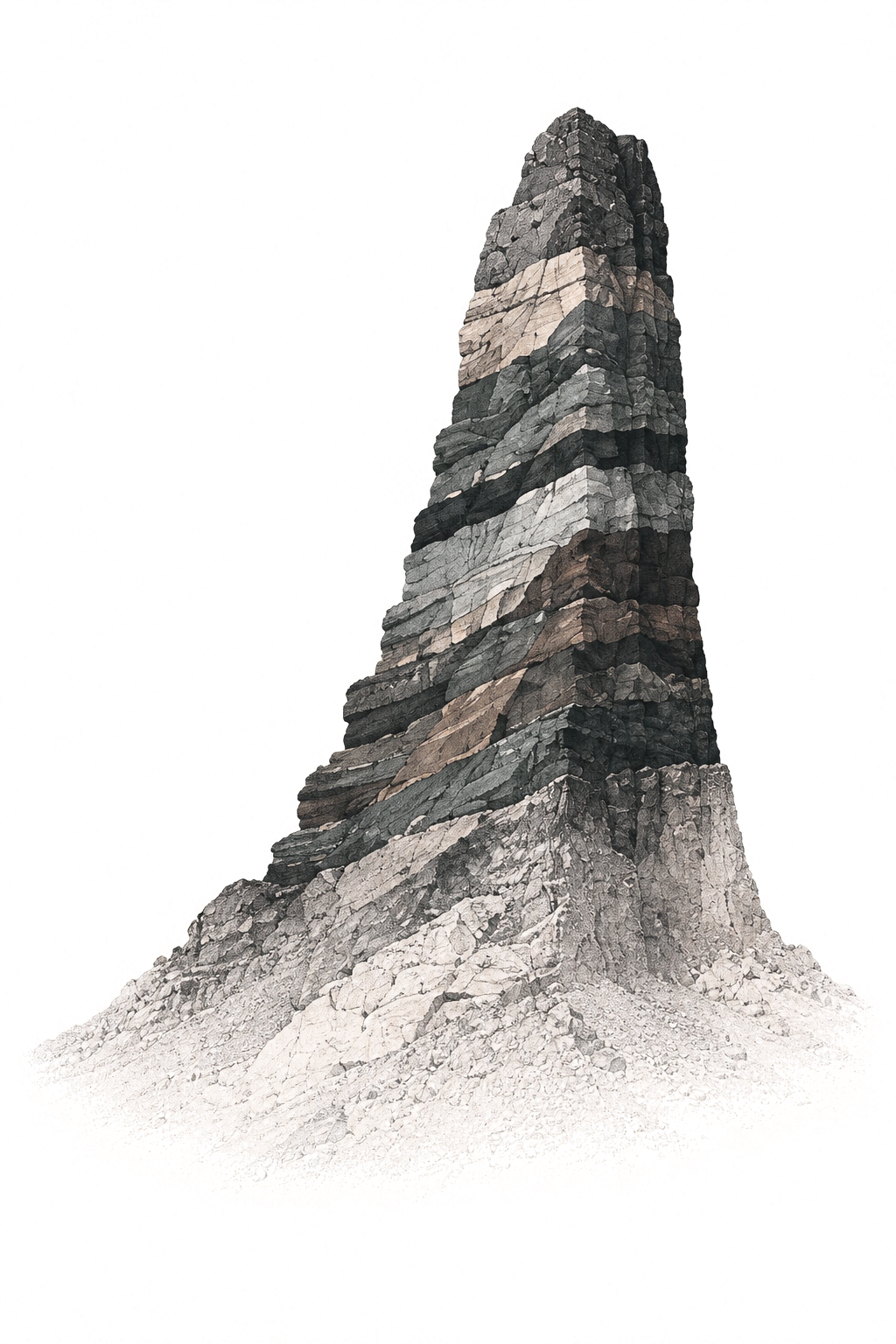 A tall, stratified geological monolith, its layers rising from a broad pale foundation.